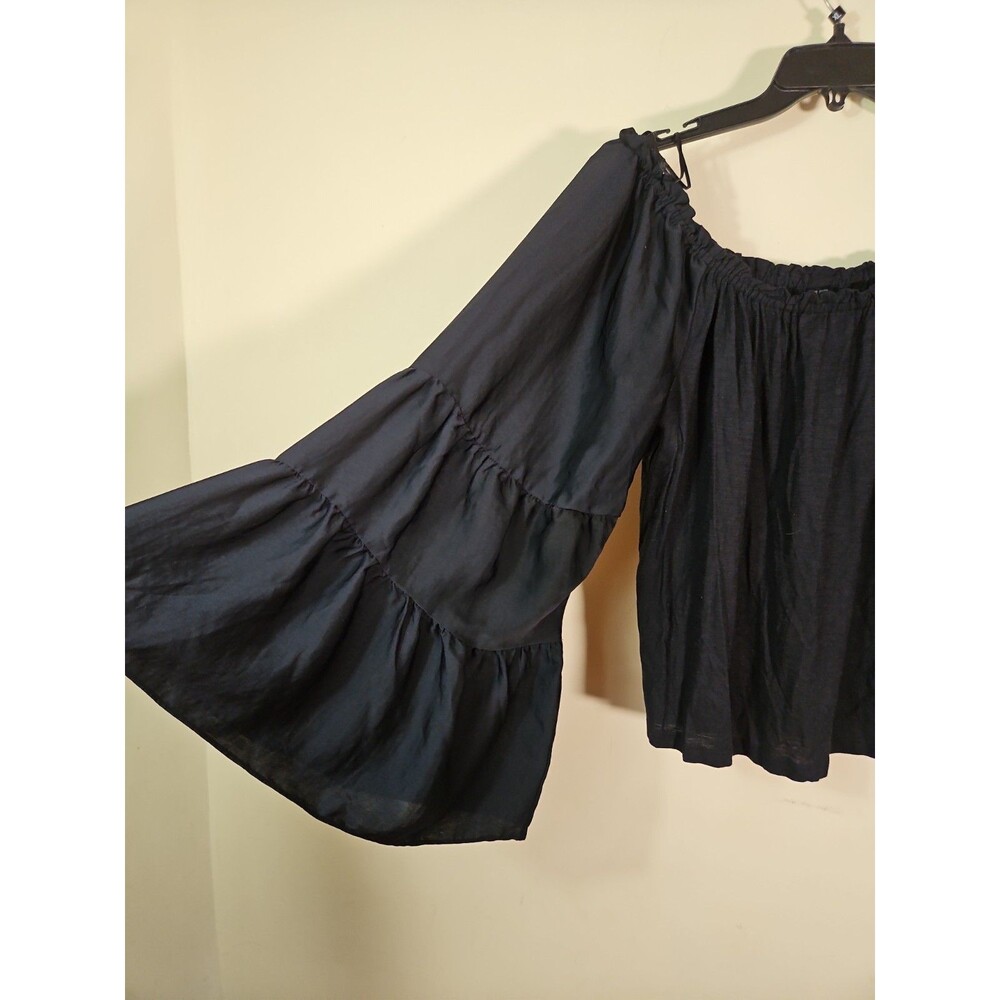 Anthropologie Black Off The Shoulder Black Top Size M Tiered Wide Bell Sleeve - Picture 2 of 7
